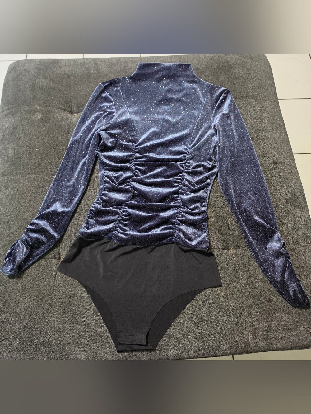 Zara Sparkle Navy Ruched Long-Sleeve Bodysuit